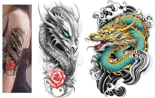 T085 098 Lot de 2 tatouages temporaires Dragon Tattoo Bras Tatouages temporaires Dragon Tattoo Bras Tatouages
