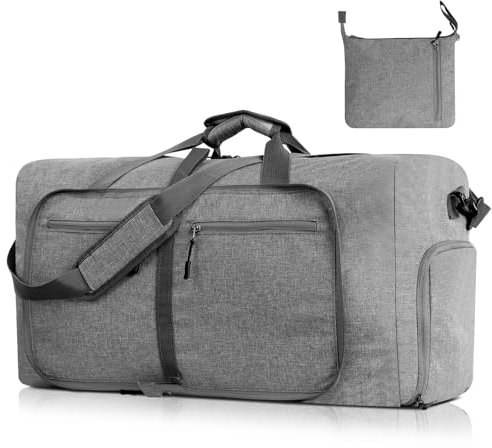 AiQInu Faltbare Reisetasche Groß 65L, 600D Wasserdicht Reisetasche Handgepäck mit Schuhfach, Damen Herren Sporttasche für Camping, Reisen, Fitness - 61 x 27 x 34 cm, Grau