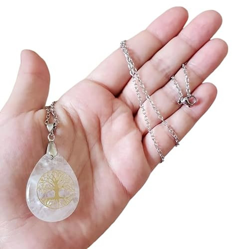 Collier Cristal de roche pendentif pierre naturelle semi précieuses Arbre de Vie femme et homme fait main cadeau anniversaire, noel, fête des mères/pères (54, Chaine Acier inoxydable Argent)