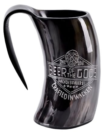 WACKEN BRAUEREI - Hochwertiger Wikinger Bierkrug aus Horn mit Beer of The Gods Logo - Hornkrug Graviert - Mittelalterlicher Met-Krug bis zu 800ml
