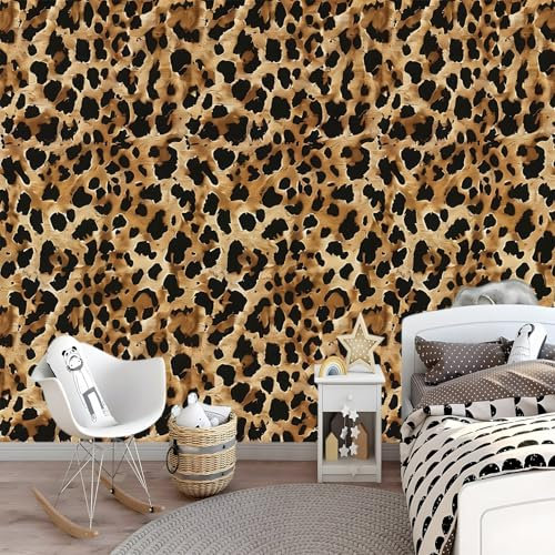 Modern Minimalist Exotic Complex Leopard Print Non-Woven Wallpaper for Adults Kids Bedroom Living Room Lounge TV Backdrop Brown Hallway and Stairs 200 x 140 cm