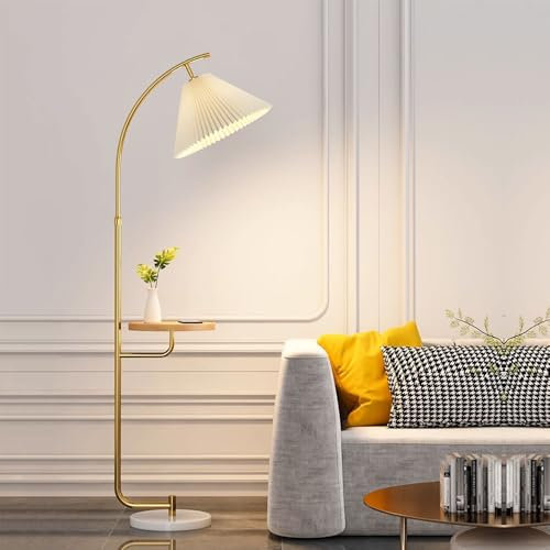 Wylolik Lampadaire avec table en bois originale Lampes sur pied en tissu plissé Lampe verticale tête réglable 270 ° Lampes hautes en métal poli Lampadaires décoratifs sur pied pour salon Base en marbr