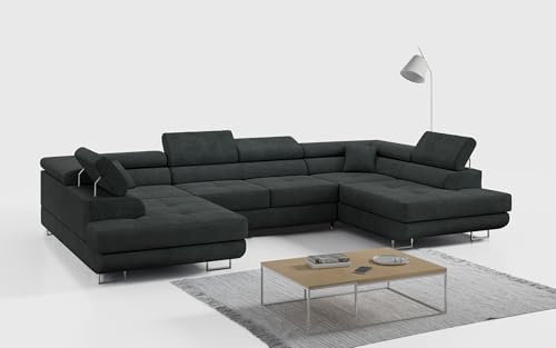 MKS MEBLE Sofa Dunkelgrau Wohnzimmer - Wohnlandschaft - U-Form Couch mit Schlaffunktion - Schlafsofa mit Bettkasten - Wohnzimmer U Couch - Polstersofa mit Bettkasten - Gustaw U Dunkelgrau Kronos