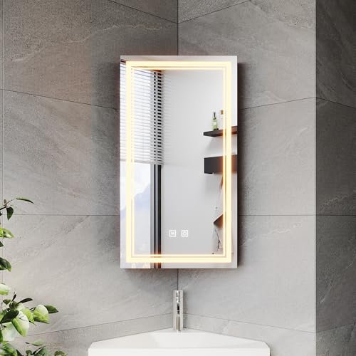ELEGANT LED Bathroom Mirror Cabinet with Shaver Socket, 3 Storage Shelves, Demister Corner Unit - Three Color Temperature, Infinitely Dimmable, 385x700mm Black