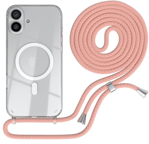 EAZY CASE - Handykette kompatibel mit iPhone 16 Plus Kette zum Umhängen Handyhülle für Apple iPhone 16 Plus Silikon Hülle mit Band Handytasche Transparent als Fallschutz in Alt Rosa - Clips Silber