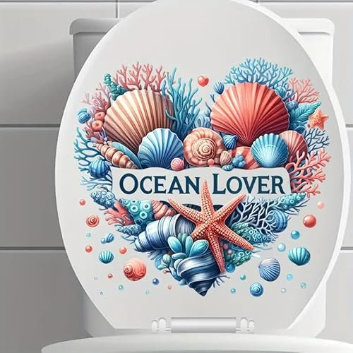 Heart-Shaped Sea Shell Starfis8734653786326h Toilet Cover Sticker Decals, Tortoise Seaseed Fish Ocean Waterproof Toilet Lid Tank Seat Decals Cistern Self-Adhesive Bathroom Wall Sticker