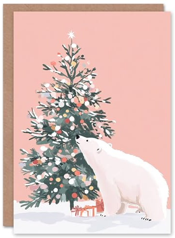 Wee Blue Coo Greeting Card Polar Bear Decorates Tree Presents Winter Snow Blank For Him Or Her Art Xmas Christmas Card