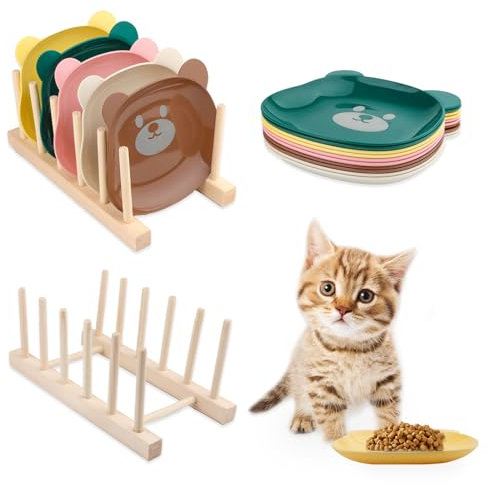 TAIHOBO 10PCS Cat Bowls, Reusable Cat Food Bowl with Wooden Plate Rack, Shallow Kitten Bowls in Plastic, Anti Whisker Fatigue Kitten Food Bowls Bear Shaped for Feeding Cat and other Small Animals