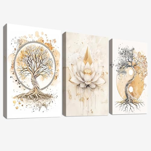 3Pc Cadre en Bois Impression sur Toile Arbre de vie Yin Yang Tableau Image sur Toile Bouddhisme Zen Fleur de lotus Beige Tableau Decoration Murale Salon Chambre Salle de Bain 40x60cm x 3pcs