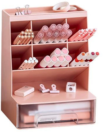 Portapenne da Scrivania Multifunzionale Organizer da Scrivania con Cassetti Portamatite da Scrivania con 6 Scomparti Organizzatore per Cancelleria in Plastica per Ufficio Scuola Casa (Rosa 2)