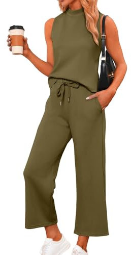 Zweiteiler Damen Ärmellose/Kurzarm Hosen Mit Weites Bein Hosenanzug 2 Teilig Leicht Tshirt Und Hose Elegant Sommeranzug Casual Sommer Outfits Bequem Jogginganzug Business Anzug(Army Green,XS)