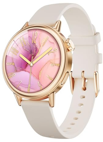 TOOBUR Smartwatch Damen Klein, 37mm AMOLED-Display Schrittzähler Uhr Rund, Smart Watch Android und iOS Kompatibel, Fitness Uhr mit Herzfrequenz- und Kalorienmonitor, Beige