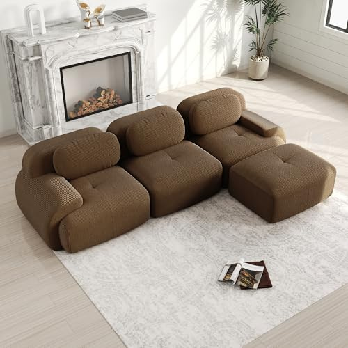 Luscriate Hamlet 3-Sitzer Cloud Sofa – bodennahes Big Sofa ohne Montage, L-Form Sofa extra Tiefe Sitzfläche, breite Armlehnen, modernes Lounge Sofa für Wohnzimmer, Braun (Brown, H-3S+1)