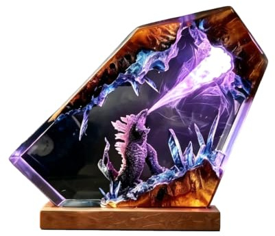 Epoxidharz Godzilla Nachtlicht,Harz Ozean Tier Figuren Nachtlicht Ornamente,Godzilla Würfel Dekoration,mit Holz Sockel USB-Kabel Marine Statue Dekoration,für Wohnzimmer Schlafzimmer (Stil-4)