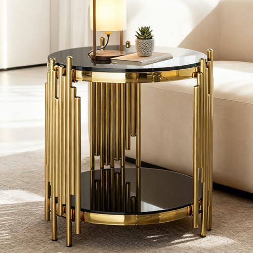 Bladez Runder Beistelltisch Schwarz Glastisch 45cm, Luxus Moderner Gold Metallbeine, Design Sofatisch aus gehärtetem Glas und Edelstahl, Kleiner Wohnzimmertisch Nachttisch (Gold)