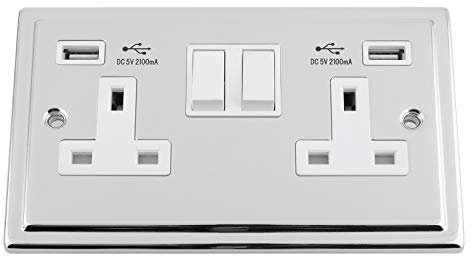TRIMLINE Polished Chrome USB Socket 2 Gang White Insert Plastic Rocker Switch 2.1