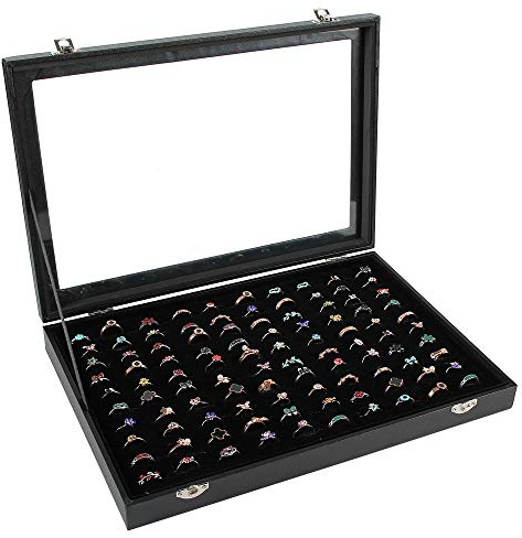 Siveit Ringvitrine Organizer Box mit transparentem Deckel, Ringhalter, Vitrine für Schmuck, Show, Show, Zuhause, Ring-Organizer für Schmuckringe, Ohrstecker (100 Fächer, schwarz)