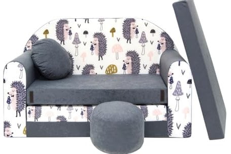Pro Cosmo umwandelbares Kindersofa – perfekt zum Spielen und Schlafen – mit Abnehmbarer Matratze, Kissen und Pouf – 98 x 168 x 59 cm – leicht und einfach zusammenklappbar – Farbe AX1 Grau - Igel