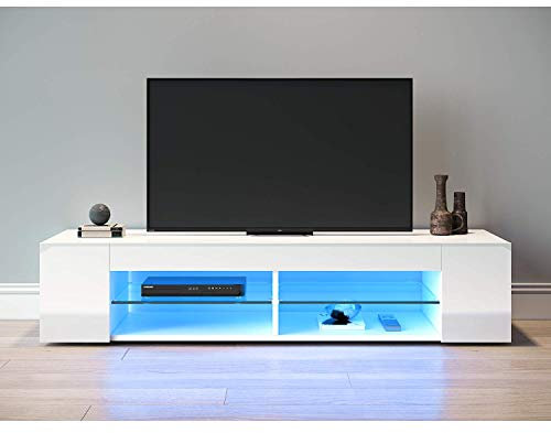 SONNI TV-Lowboard, Fernsehschrank, Fernsehtisch, TV-Schrank, TV-Regal, Weiß Hochglanz, mit LED Beleuchtung, 12 Farben können eingestellt Werden, Glasböden, TV Mediaboard, 135x39x30cm.
