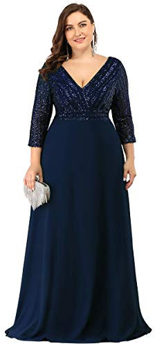 Ever Pretty Women's Sequin Long Sleeve V Neck A Line Chiffon Plus Size Bridesmaid Dresses Navy Blue 14UK