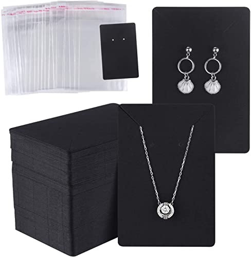 Heatigo Earring Display Cards with Self-Seal Bags, Necklace Holder Blank Kraft Paper Tags for DIY Jewelry Display (Black)