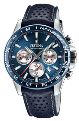 Montre FESTINA pour Homme F20561/2 Timeless Chronograph Boîtier en Acier Inoxydable Gris Bracelet en Cuir Bleu