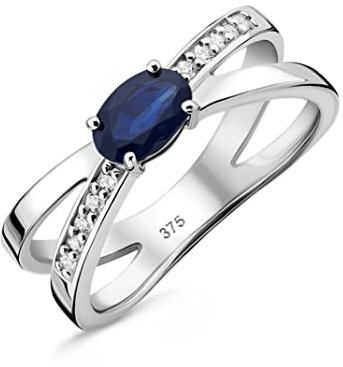 OROVI Schmuck Damen 0.09 Ct Diamant gekreuzter Verlobungsring Weißgold mit Edelstein/Geburtsstein natürlicher ovaler blauer Saphir und 10 Diamanten Brillanten Ring aus 9 Karat (375) Gold