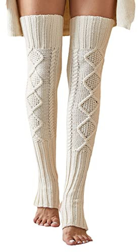 Leoparts Women's Extra Long Stirrup Leg Warmers Winter Knitted Over Knee Thigh High Footless Socks, White, One Size
