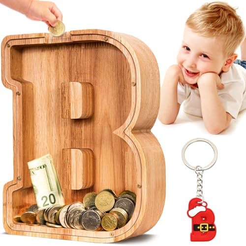 Summidate Spardose für Kinder Junge, Personalisiert Holz Großes Sparschwein, Unzerbrechliches Buchstabe A-Z Sparbüchse für Kinder Mädchen, Erwachsene, Geschenk&Dekoration