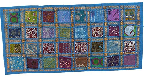 KNOBSWORLD Handbestickter Vintage-Tischläufer, indischer Sari-Baumwoll-Patchwork-Tischläufer, Bohemian-Stil, bunt, indisches Dekor, Wandbehang, Türkis, 50,8 x 101,6 cm