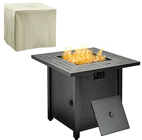 Outsunny Square Propane Gas Fire Pit Table, 40000 BTU Rattan Smokeless Firepit Patio Heater with Protective Cover, Lava Rocks and Lid, 71cm x 71cm x 62cm, Black