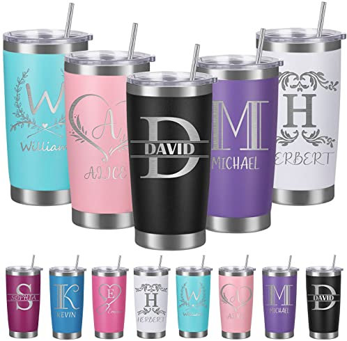 Lovdeying Personalised Tumblers with Name Lid and Straw Custom Insulated Coffee Tumbler Cup Customised Christmas Birthday Gifts for Men Stainless Steel, 20oz/590ml (Initial)