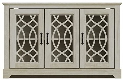 GFW Sideboard Cabinet with Shelf & Glass Doors for Living Dining Room, Engineered Wood, Dusty Grey Oak, 74.5 x 116.2 x 40cm