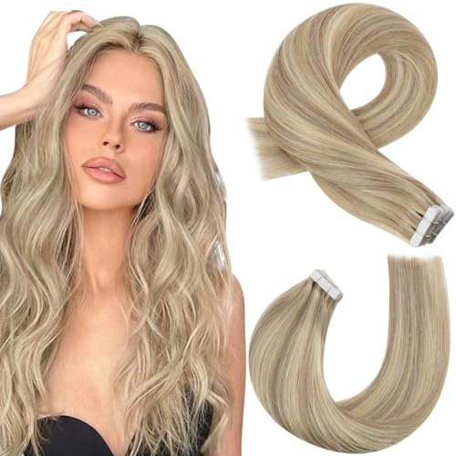 Moresoo Tape in Extensions Blond Haarverlängerung Blonde Echthaar Tapes Goldblond mit Mittelblond Tape Extensions Echthaar 45 cm Seidig Gerade 20 Stück 50g/Pack #P16/22