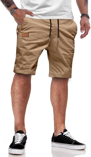 JMIERR Kurze Hosen Herren Shorts Herren Sommer Chino Baumwolle Elastische Taille mit Taschen Khaki M