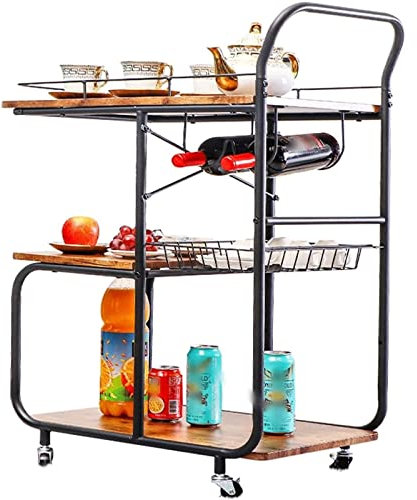 OLOTU Barwagen Holz-Metall-Rollwagen, industrieller Vintage-Stil, funktionaler Trolley, Einkaufswagen mit Aufbewahrungsbox, Outdoor-Getränkewagen, Bar Möbel