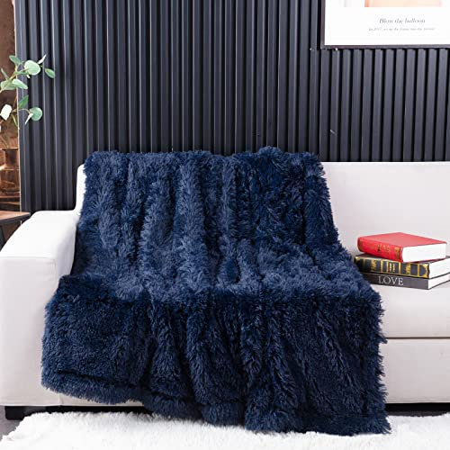 YUSOKI Navy Blue Faux Fur Throw Blanket, 2 Layers, 50 x 60 Cozy Plush Fluffy Blanket for Fall, Bed, Living Room Décor, Baby, Women, Pet