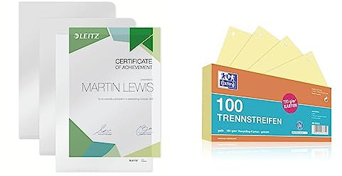 Leitz Sichthüllen Spitzenqualität 4153/4153-00-03 farblos, 100 Stück & Oxford Trennstreifen, aus Karton, gelocht, 190 g/m², gelb, 100 Stück
