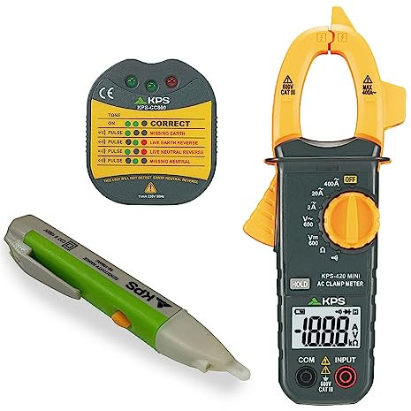 KPS Kit Electricista Básico con Detector de Tensión NCV Pinza Amperimetrica y Comprobador de Enchufes Schuko