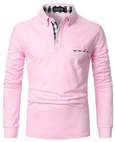 AIOIDI Polo Manches Longues Homme Col Plaid Casual Basic Coton T-Shirt Tops Rose XXL