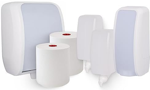 Blanc HYGIENIC KOMPLETT-Set Waschraum MANUELL: Handtuchrollenspender AUTOCUT + 2 TAD Handtuchrollen + Schaumseifenspender MANUELL+ 2 Kartuschen Farbe Weiß