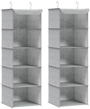 SONGMICS Organizador Armario, Juego de 2, Bolsa Colgante de Armario, Plegable, Ahorro de Espacio, con Ganchos Metálicos, Refuerzo de Bambú, Patrón de Lino, Gris Claro RCH005W02