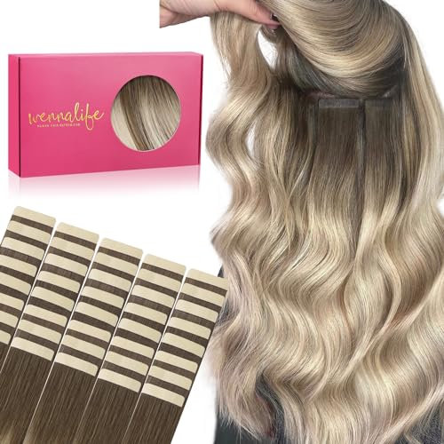 WENNALIFE Tape Extensions Echthaar, 40pcs 100g 45cm 18 Zoll Sandbraun bis Platinblond Haarverlängerung Echthaar Extensions Tape Invisible Tape in Extensions Echthaar Seidig Hair Extensions Seidig