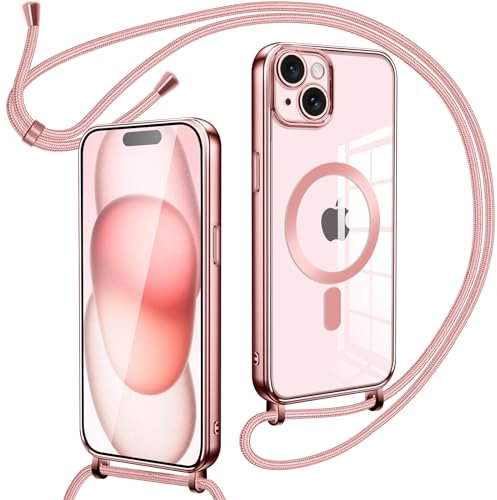 Oelrstfe Collier Coque avec Cordon pour iPhone 15 Plus, Transparent Réglable Étui Chain Chaine Housse de Souple Silicone Antichoc Etui Bandouliere Laniere pour iPhone 15 Plus - Rose-Gold