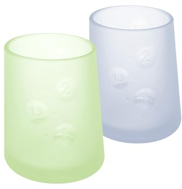 CAIKEZI Olababy First Cup | Clear Sense 100% Silicone Infant Trainer Cup | 2oz Medicine Cup for Newborn | Non-Slip & Sloping Design for Tiny Hands & Baby Led Weaning (Kiwi/Blueberry, 2 Cups)