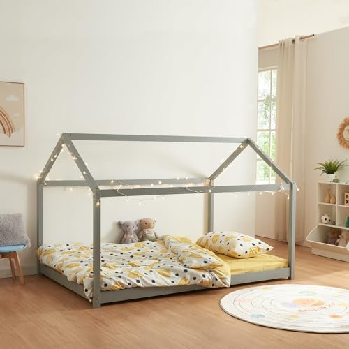 [en.casa] Letto per Cameretta a Forma di Casetta Letto per Bambini Adolescenti Struttura in Legno di Pino Letto Piazza e Mezza in Stile Montessori 120 x 200 cm Grigio