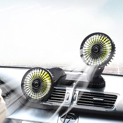 KUWUNG Car Fan Dual-Head 12V/24V, Car Fans Cooling Double Head, Portable Vehicle Mounted USB Fan, 360 Degree Rotation Auto Desk Fan Campervan With 3 Speed Strong Wind For Car Dashboard Home Office
