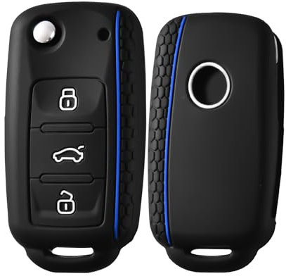 OATSBASF Autoschlüssel Hülle VW, VW Golf Schlüsselbox,Schlüsselhülle Cover für VW Polo Passat Skoda Seat 3-Tasten Silicone Schlüsselbox Cover Auto Zubehör (Blaue Linie)
