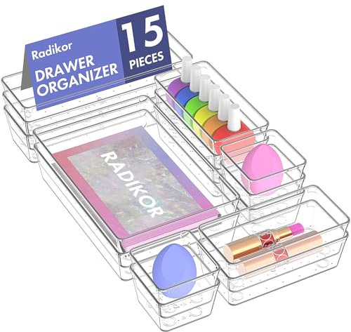 Radikor 15 Piezas Organizadores de Cajones de Plástico Transparente, Organizador de Maquillaje Cajones, Organizador Cajones Escritorio, Cajas Organizadoras para Maquillaje, Baño, Cocina, per Oficina