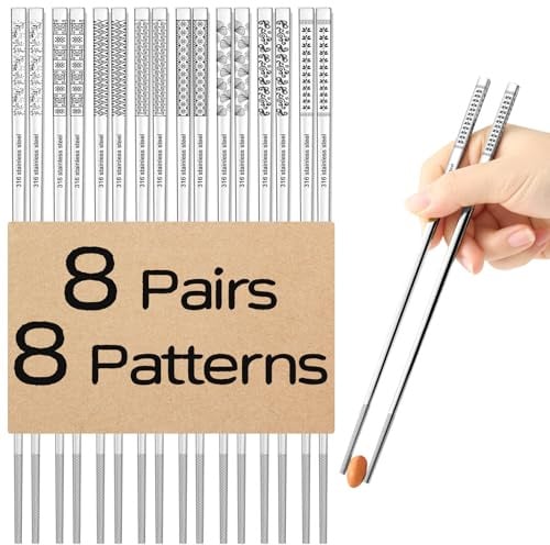8 Pairs Metal Chopsticks Reusable 18/10 Stainless Steel Chopsticks Set Cute Laser Engraved Non-Slip Japanese Korean Chinese Chopstick for Cooking Eating Dishwasher Safe 9.25 Chop Sticks Gift Set
